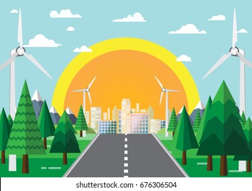 Nature landscape background flat design.Road from nature to green city with eco friendly concept.Vector illustration.