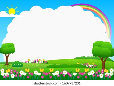Nature landscape background with funny design suitable for kids. Summer meadow with flowers and green grass vector illustration 