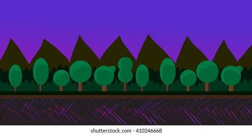 Nature landscape, background for games, trees, mountains. Vector illustration.