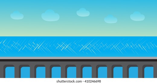 Nature landscape, background for games, trees, sea. Vector illustration.