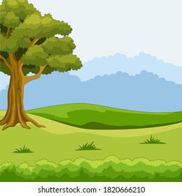 Nature landscape background with green grass and trees
