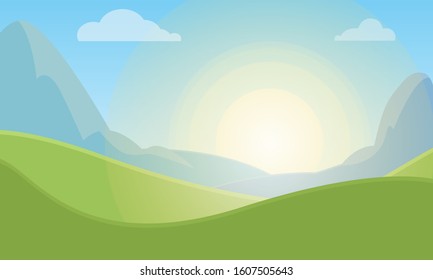 Nature landscape background with green meadow, sky and sun. Vector illustration
