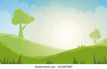 Nature landscape background with green meadow, sky and sun. Vector illustration
