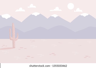 Nature landscape background with mountain, rocks, cactus and clouds. background. Flat cartoon vector illustration
