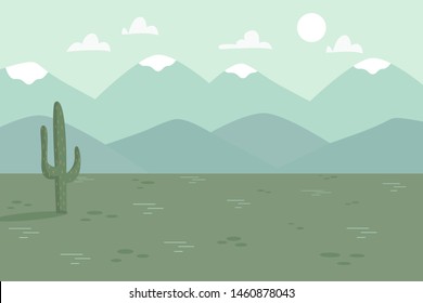 Nature landscape background with mountain, rocks, cactus and clouds. Flat cartoon vector illustration