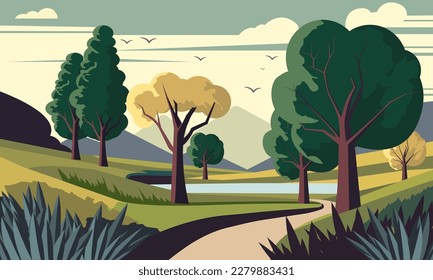 Nature Landscape Background With Mountains, Trees And A Pathway.