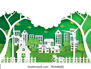 Nature landscape background paper art style.Green eco city of environment conservation concept.Vector illustration.