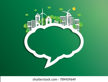 Nature landscape background of paper art style.Speech bubble of green eco friendly city and renewable energy of environment conservation concept.Vector illustration.