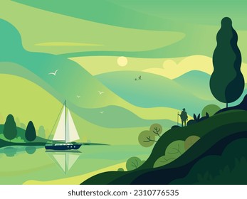 Nature landscape background river tree boat mountain 