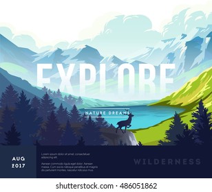 Nature Landscape Background With Silhouettes Of Mountains And Trees. Vector Illustration