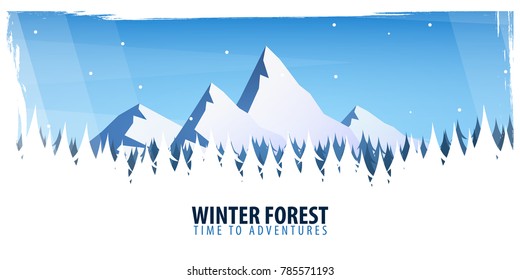 Nature landscape background with silhouettes of mountains and trees. Winter Forest. Vector Illustration