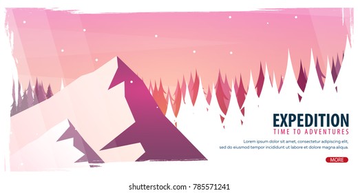 Nature landscape background with silhouettes of mountains and trees. Winter Forest. Vector Illustration