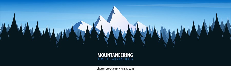 Nature landscape background with silhouettes of mountains and trees. Vector Illustration