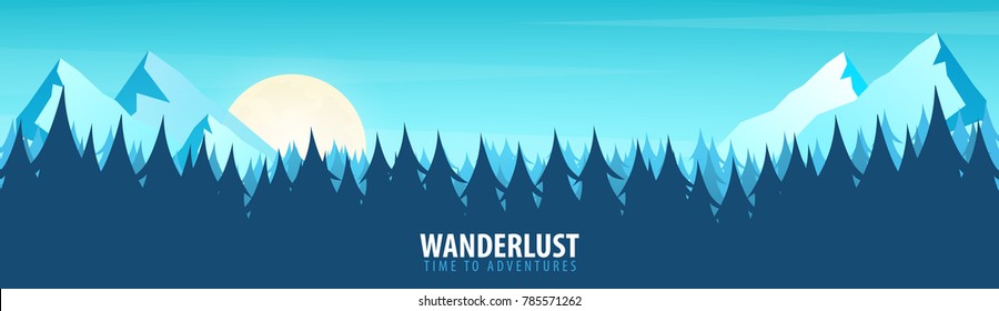 Nature landscape background with silhouettes of mountains and trees. Vector Illustration