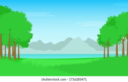 Nature landscape background. Spring scenery with green grass and blue sky.