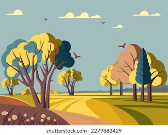 Nature Landscape Background With Trees, Blossom And Flying Birds.
