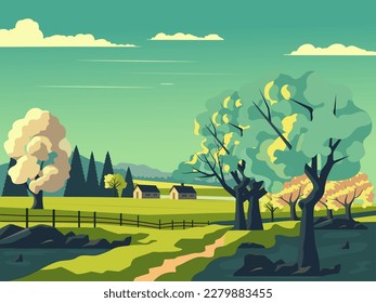 Nature Landscape Background With Trees, Pathway And Cottage Illustration. Vector.
