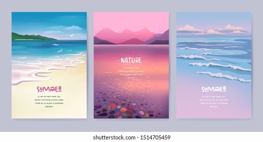 Nature landscape background. Vector illustration of summer beach, lake and mountains
