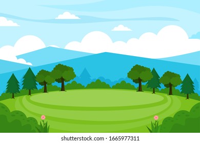 Nature landscape background vector illustration of mountain with green meadows and bright blue sky in flat design style. 