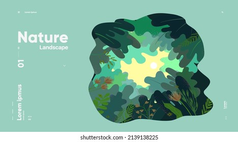 Naturaleza y paisaje. Ilustración vectorial de fondo. Foto de un afiche, postal o cubierta.