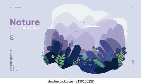 Naturaleza y paisaje. Ilustración vectorial de fondo. Foto de un afiche, postal o cubierta.