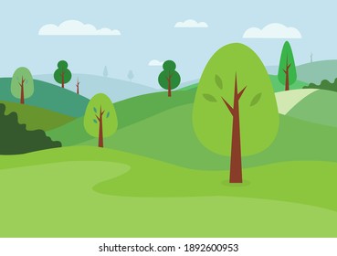 Vector de fondo del paisaje natural. Colinas verdes naturales y fondo del cielo. Escena pradera con árboles. Parque verde con nubes.