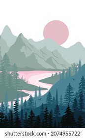  fondo de paisaje natural.conjunto de vectores de arte mural. Dibujo artístico de línea de follaje con forma abstracta. Resumen Diseño de arte vegetal para impresión, cubierta, papel pintado, pared mínima y natural 