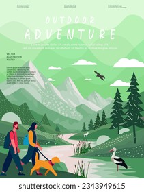 Nature and landscape. Backpacker hiker. People hiking on mountain road. People taking a long walk on the forest path. For prints, cover or card designs. Vector illustration.