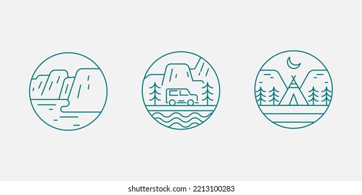Insignia del paisaje natural. Conjunto de emblemas paisajísticos. Ilustración vectorial de la línea de logotipo de aventura.