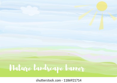 Nature landscape banner with field and sun. Vector graphic illustration