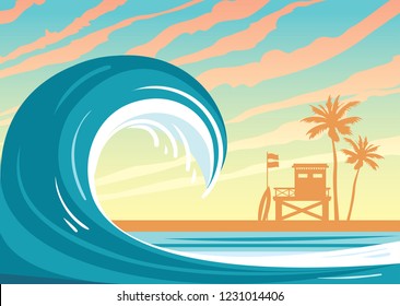 Nature landscape with big wave in a blue sea, silhouette of  lifeguard station, palm tree and sunset sky. Vector illustration. Summer holiday card. svg