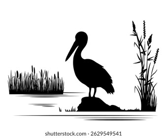 Nature landscape with birds silhouettes. Palican on the lake. Vector illustration.	
