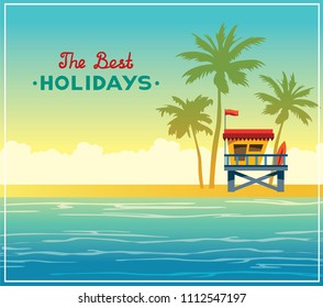 Nature landscape with blue sea, lifeguard station, palm tree and cloudy sky. Vector illustration. Summer holiday card. svg