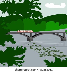 Nature landscape, 
bridge over river with train, vector set