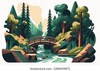 Nature landscape with bridge and river. Vector illustration in cartoon style. A river with a small waterfall and a log bridge