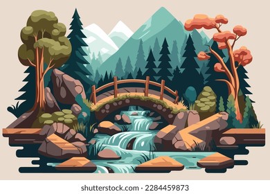 Nature landscape with bridge and river. Vector illustration in cartoon style. A river with a small waterfall and a log bridge
