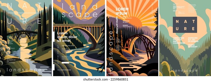 Nature, landscape, bridge. Set of vector illustrations. Flat design. Typography. Background for a poster, t-shirt or banner. svg