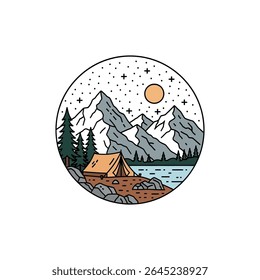 Nature Landscape with Camping Tent, Mountains, River, and Bright Sun in Round Frame - Vector Illustration