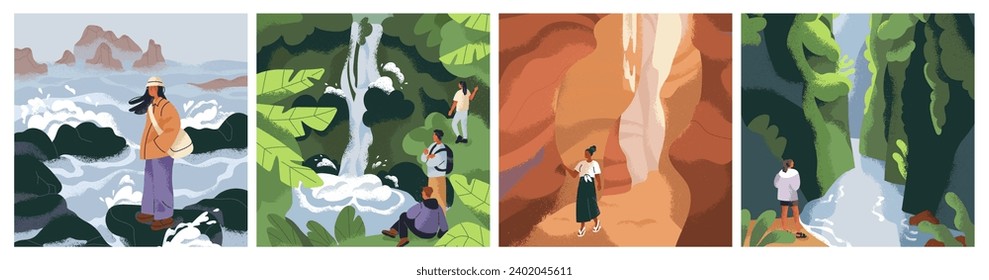 Nature landscape cards set. People in adventure, travel at sea, forest, waterfall, calm river, green jungle. Happy character outdoors, peaceful serene hiking, holiday. Flat vector illustrations