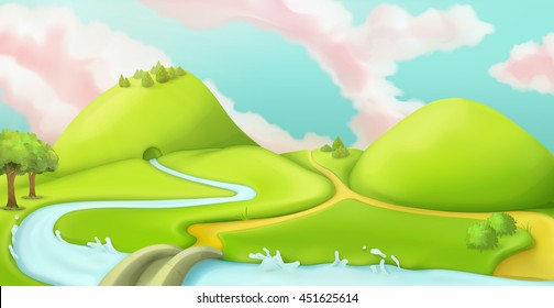 Nature landscape, cartoon game background, vector graphic mesh