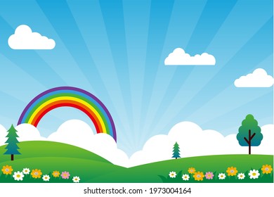 Nature landscape cartoon illustration with rainbow suitable for kids background