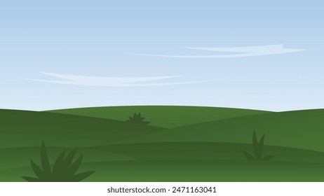 nature landscape cartoon scene. green field with blue sky background