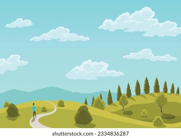 Nature landscape in cartoon style. Beautiful spring hills with trees, green grass and blue sky with white clouds. Flat vector landscape background template