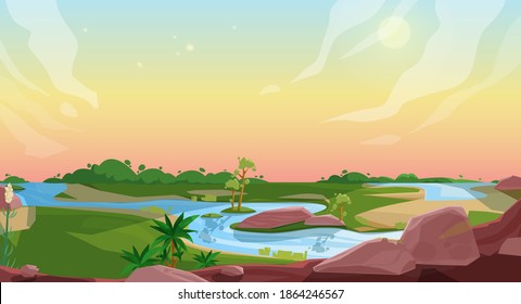 Caricatura de paisaje natural fondo vectorial de la animación de juegos, interfaz de usuario o diseño ui. Tierra, cielo, árboles forestales y praderas de hierba con ríos, sol y nubes, rocas y plantas tropicales