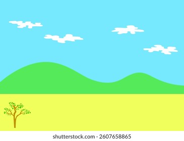 Nature landscape cartoony style with tree and mountain, playful background