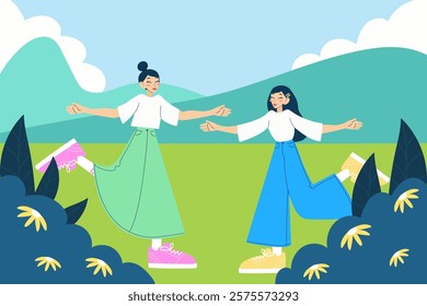 Nature landscape. Cheerful girls. Hugging friends. Best friend forever. Modern isolated vector illustration.