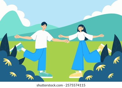 Nature landscape. Cheerful love couple. Hugging friends. Modern isolated vector illustration.