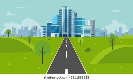 Nature landscape with cityscape on background vector illustration.Public park and town with sky background.Roadway to city buildings on horizon