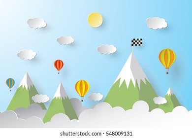 Nature landscape cloud, mountain and balloon with checkered flag, paper art style. Concept of business.