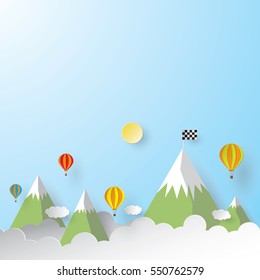 Nature landscape cloud, mountain and balloon with checkered flag, paper art style. Concept of business.